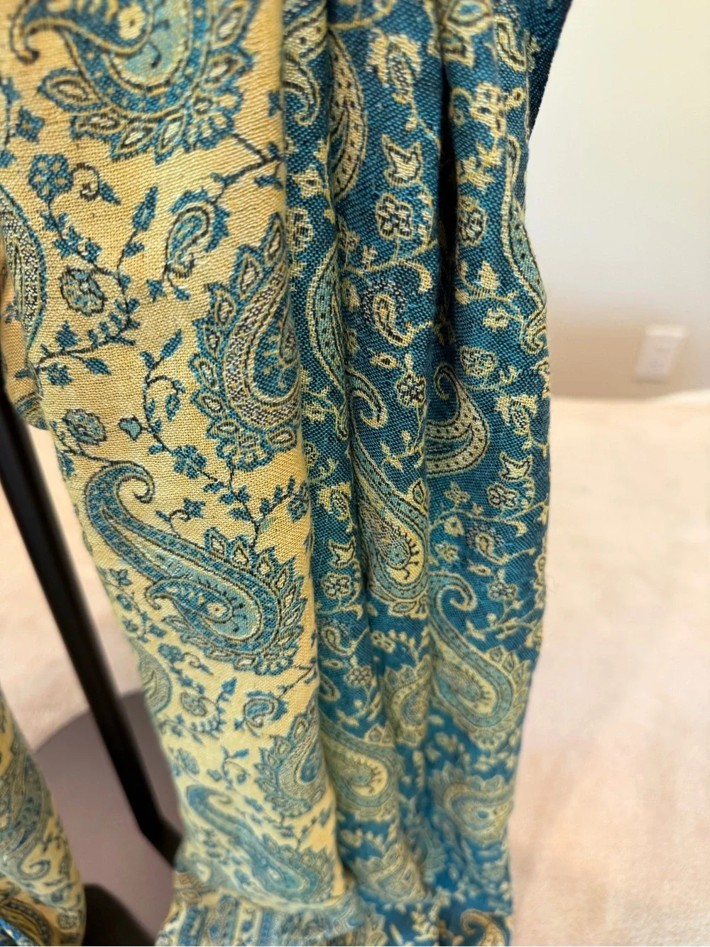 Teal and Gold Paisley Decorative Scarf with Tassels